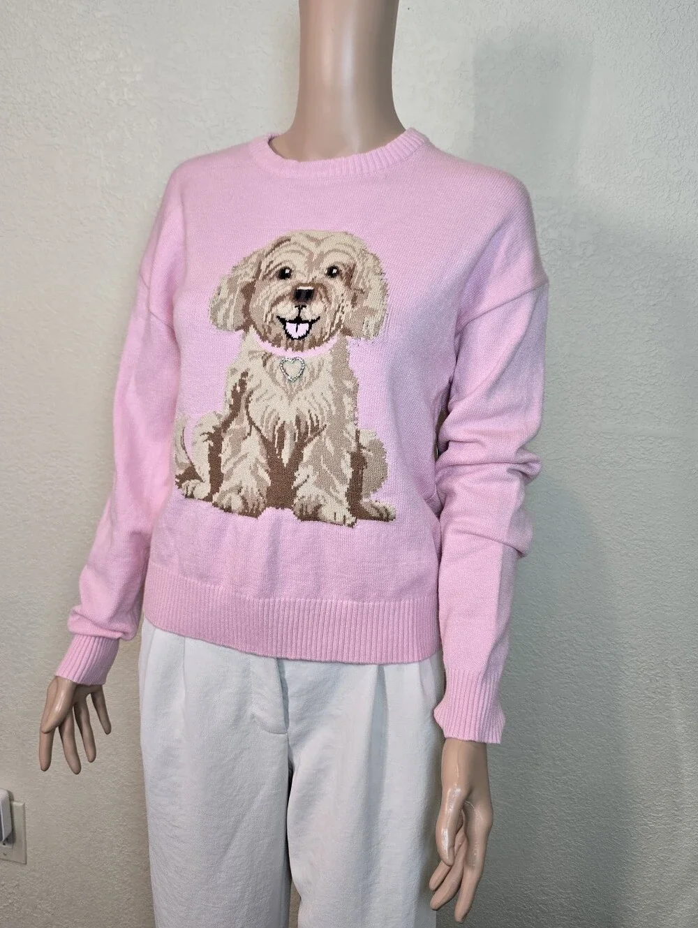 Derek Heart Pink Doodle Poodle Puppy Dog Sweater Size Medium Women’s Crewneck